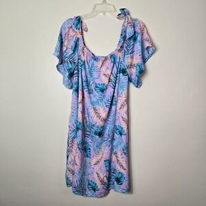 PinkBlush Womens Purple Tropical Palm Leaf Flutter Sleeve Muumuu Mumu Dress NWT